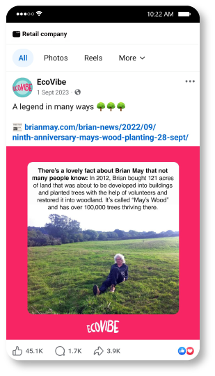 Social media post about Brian May planting trees, with a photo of a person sitting in a green field.