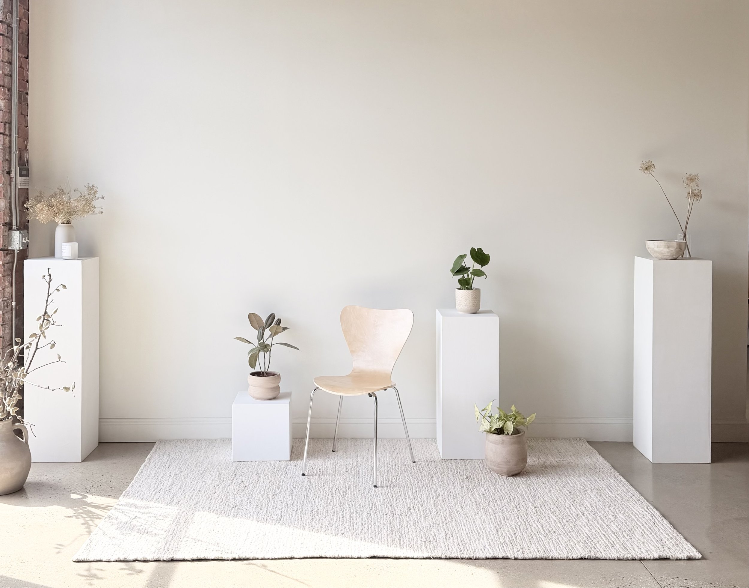 Minimalist interior with a wooden chair, potted plants, and white pedestals with vases and decorative objects on a light-colored wall