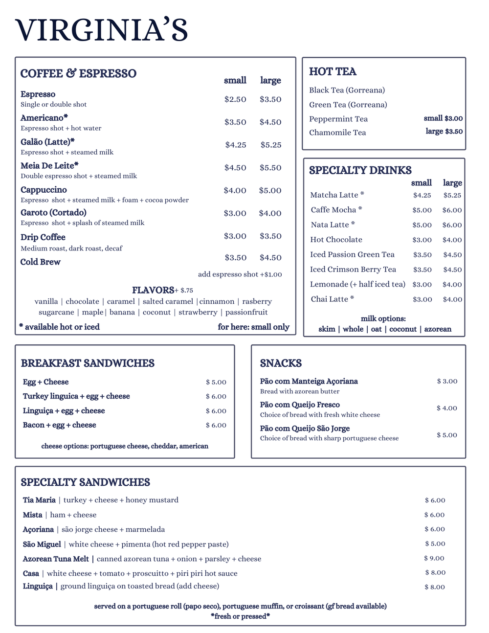 Menu — Virginia's Cafe & Market