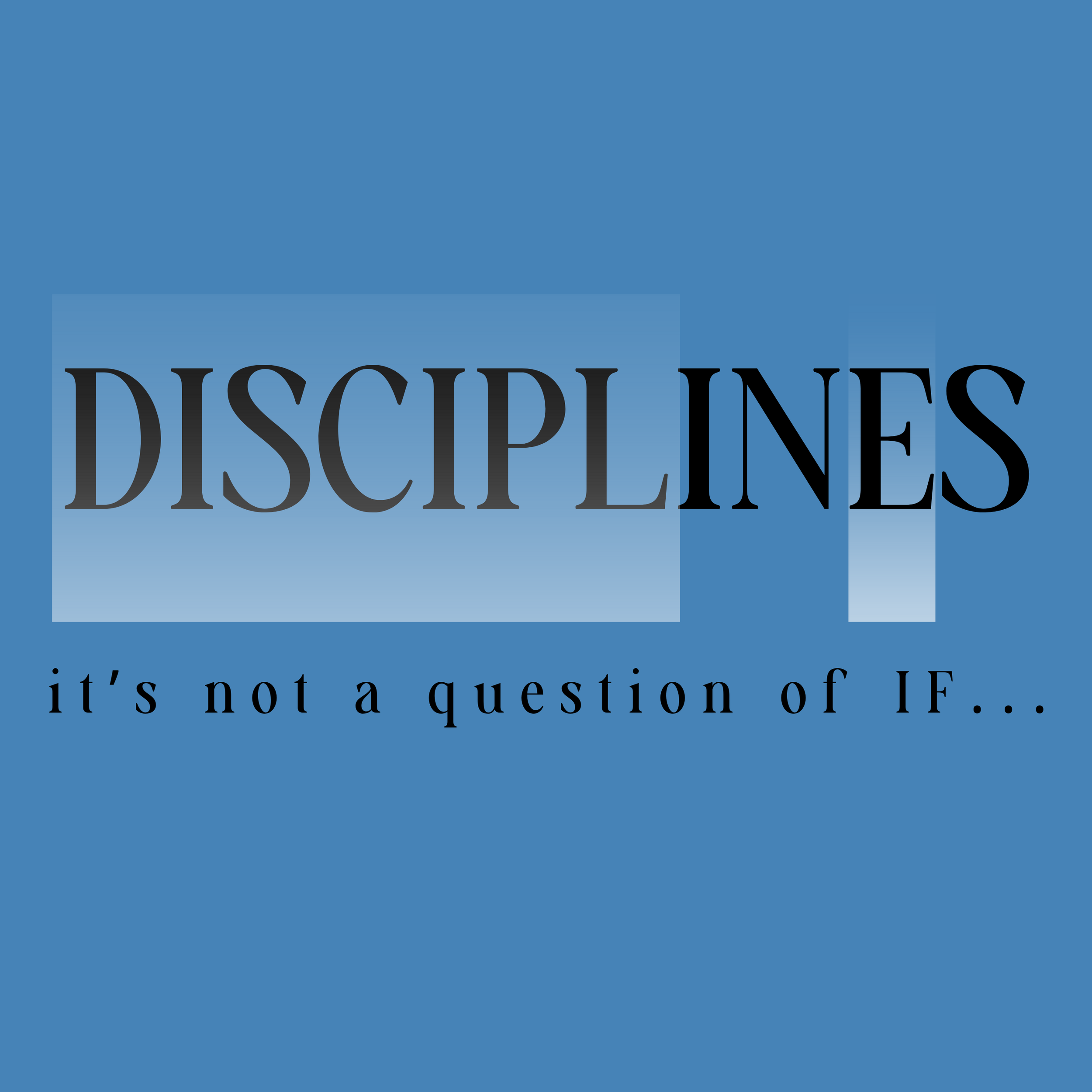 Motivational poster with the word 'DISCIPLINES' in large black letters on a blue background, and the phrase 'it's not a question of IF...' beneath it.