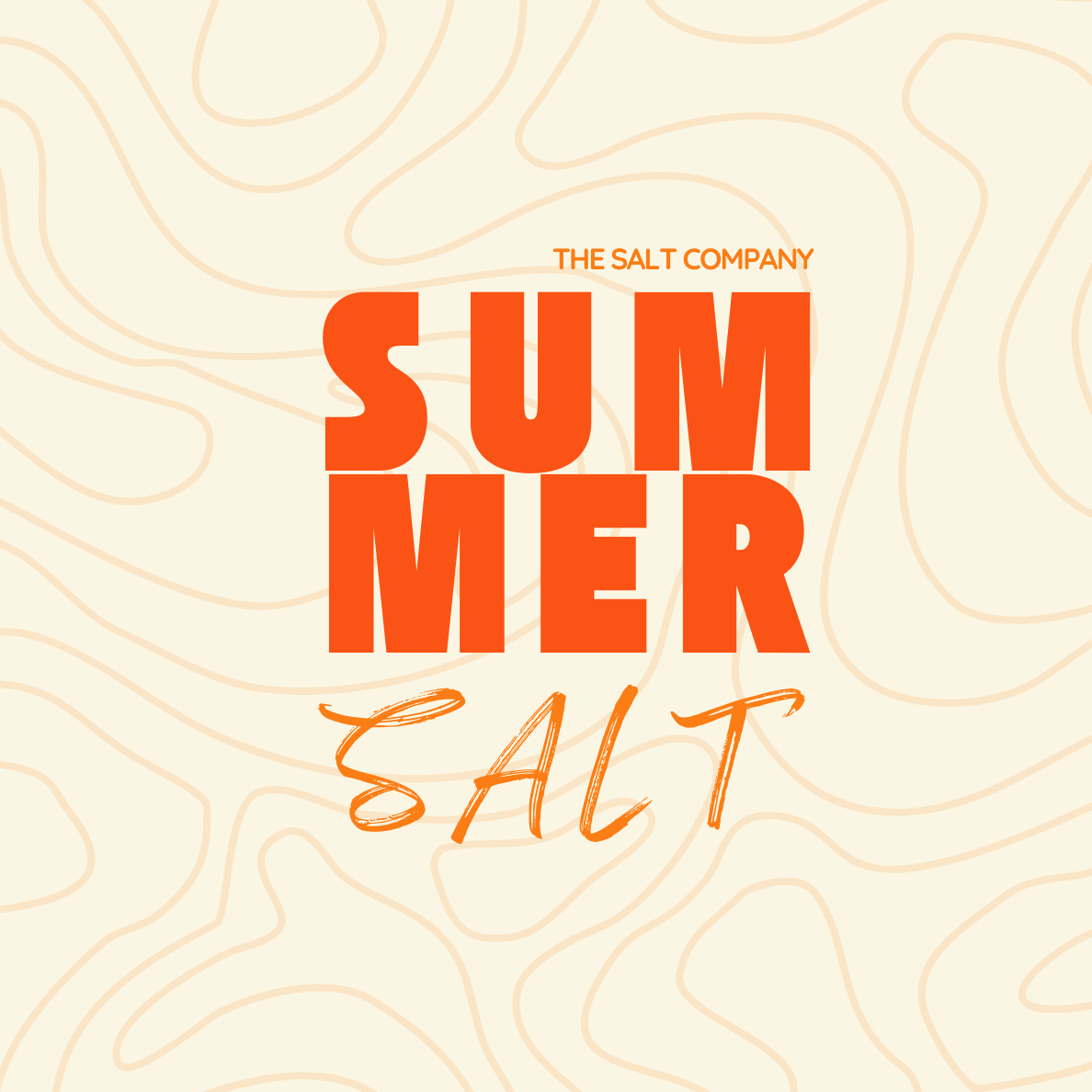 Design featuring the words 'Summer Salt' in bold orange letters and 'The Salt Company' above in smaller orange font, with a light beige background and abstract, wavy lines.