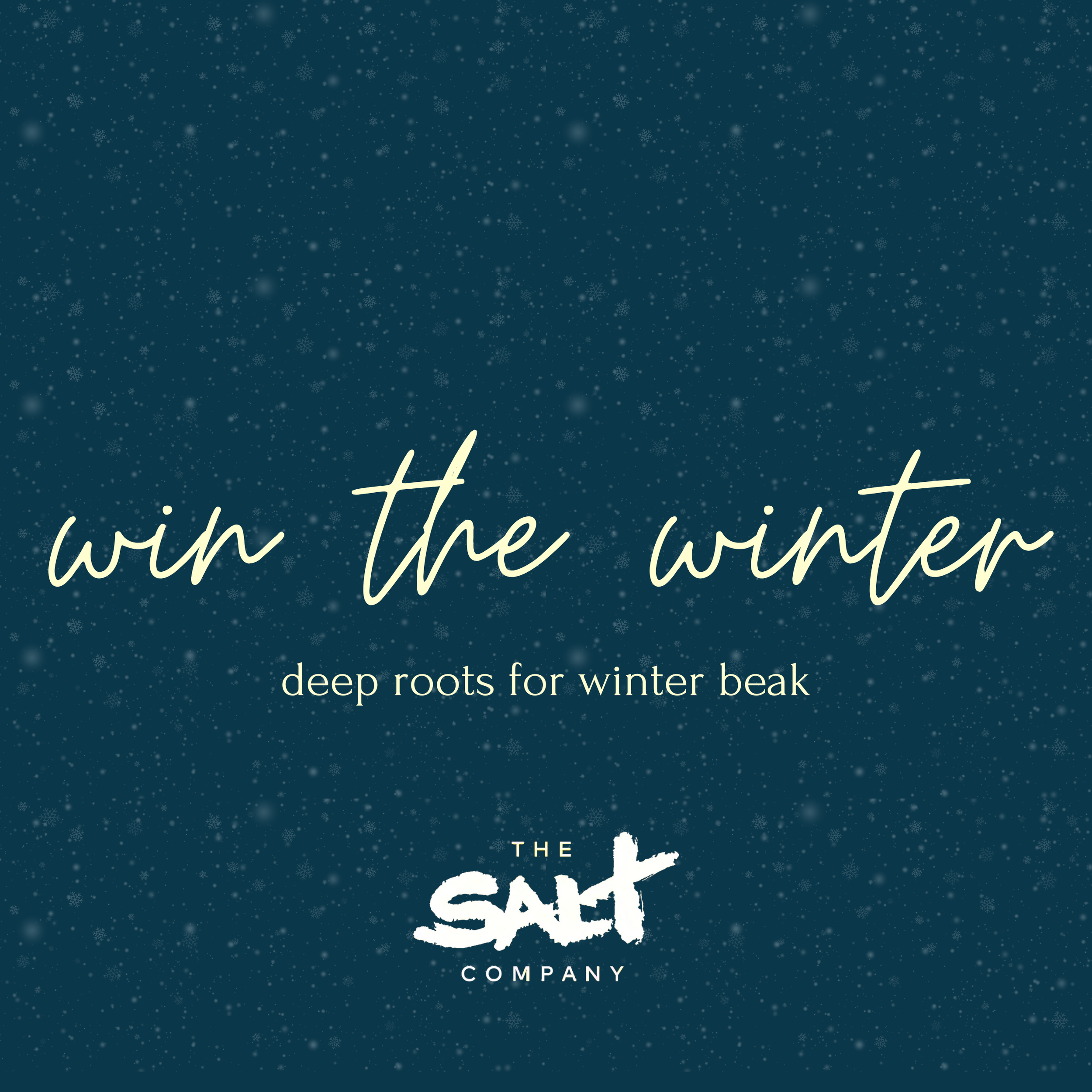 Snow falling on a dark blue background with white text that reads 'win the winter, deep roots for winter beak', and the logo of The Salt Company.