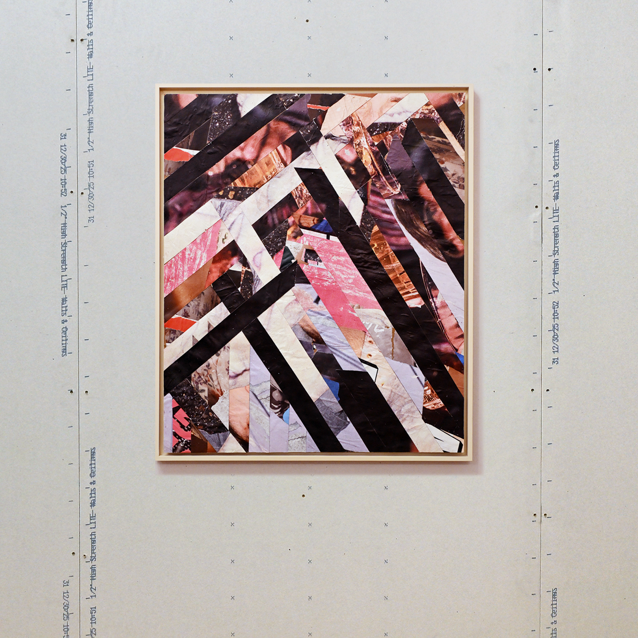 Abstract collage artwork with billboard pulldowns in geometric patterns, ivory colored frame