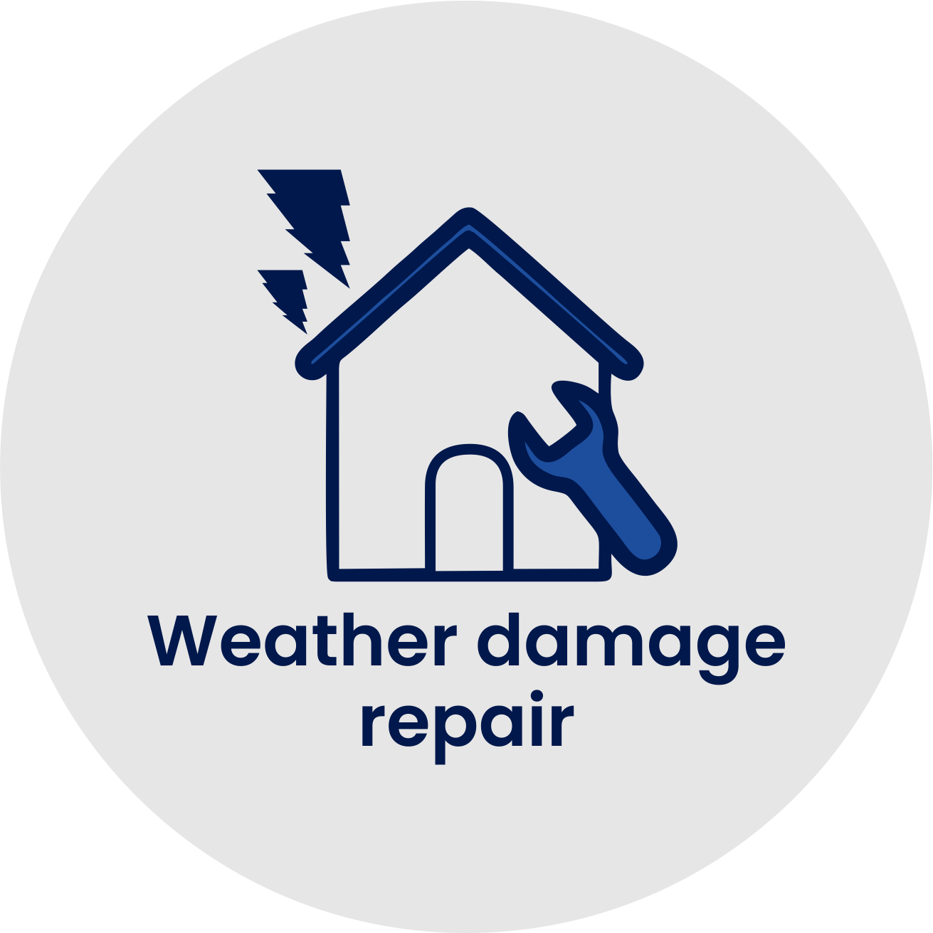 Icon of a house with a wrench and lightning bolts above it, indicating weather damage repair.