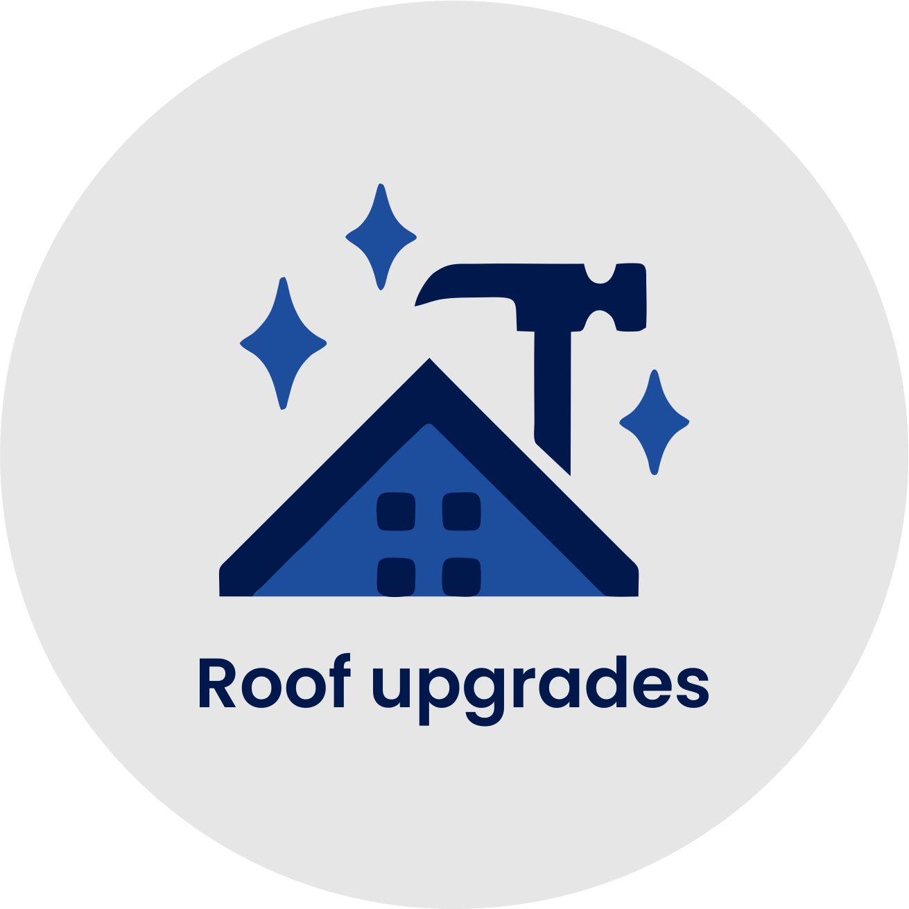 Icon representing roof upgrades with a house roof, a hammer, and sparkles, and the text 'Roof upgrades'.