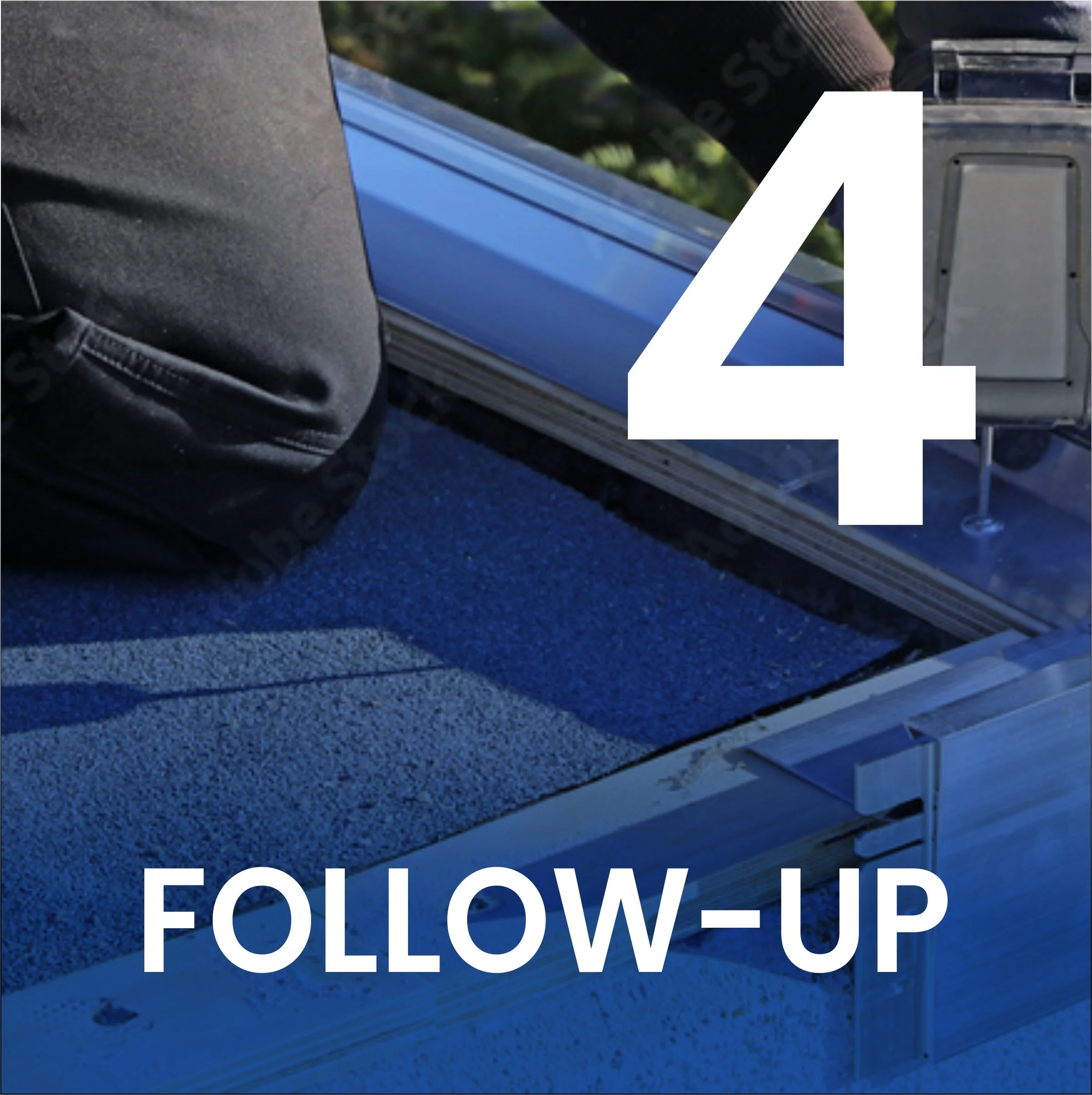 Close-up of a sign with the words "FOLLOW UP" displayed in large white letters, partially obscured by a large white number 4 overlay. The sign appears to be outdoors on a textured blue surface, with a gray structure visible to the right.
