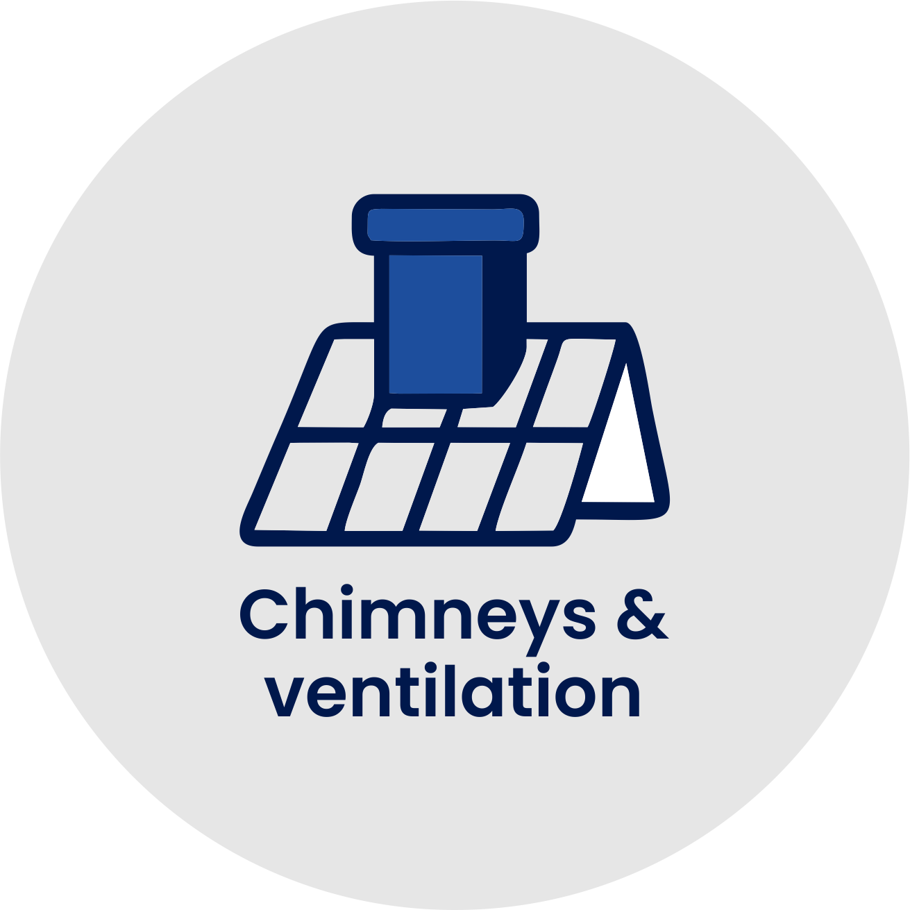 Icon of a chimney with a ventilation system and solar panel, with the text 'Chimneys & ventilation' underneath.