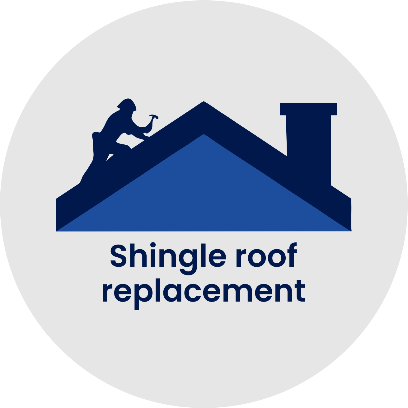 Icon of a person on a roof with a hammer, above the text 'Shingle roof replacement'.