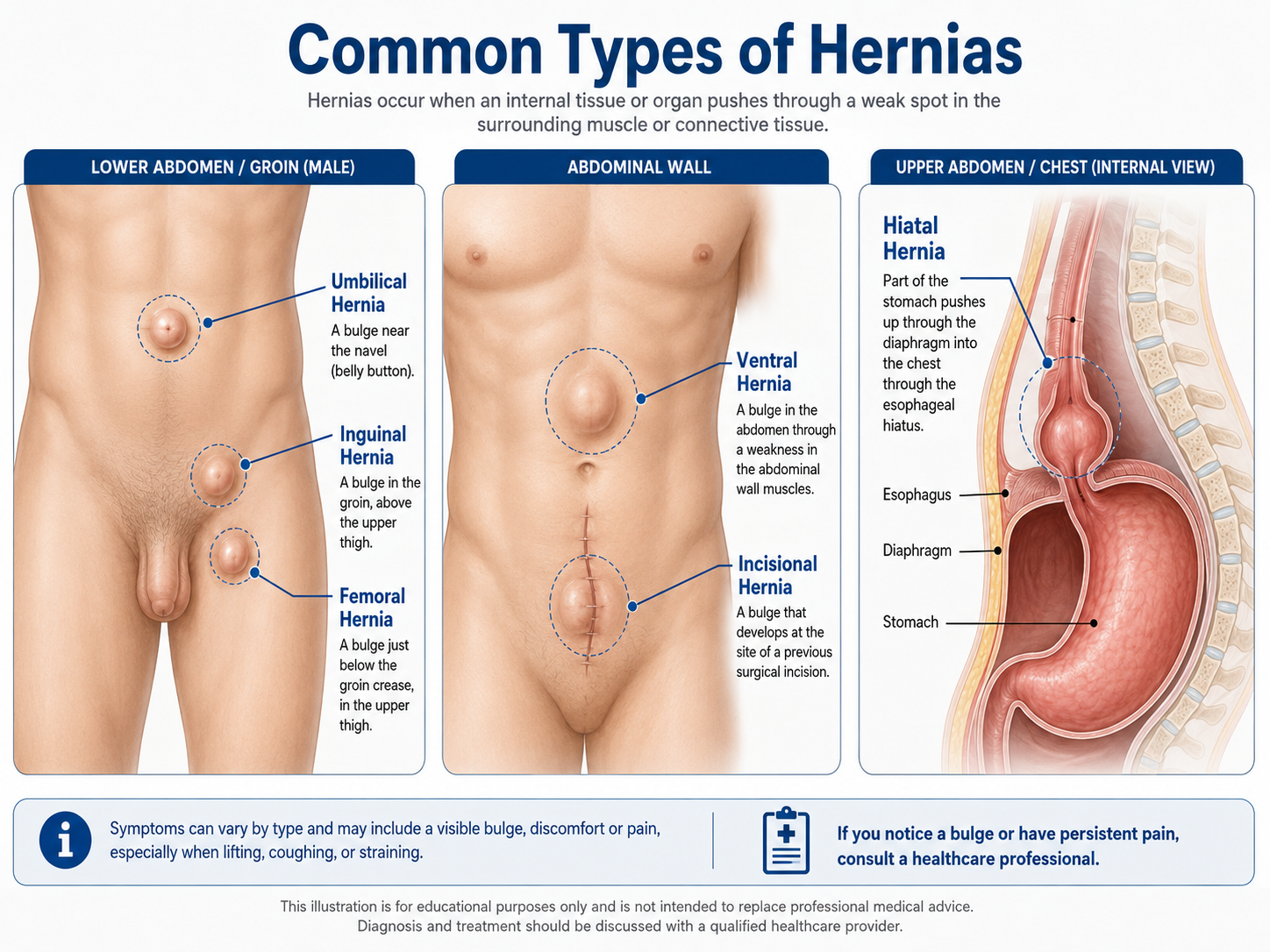 Diagram showing inguinal, femoral, umbilical, ventral, incisional, and hiatal hernias