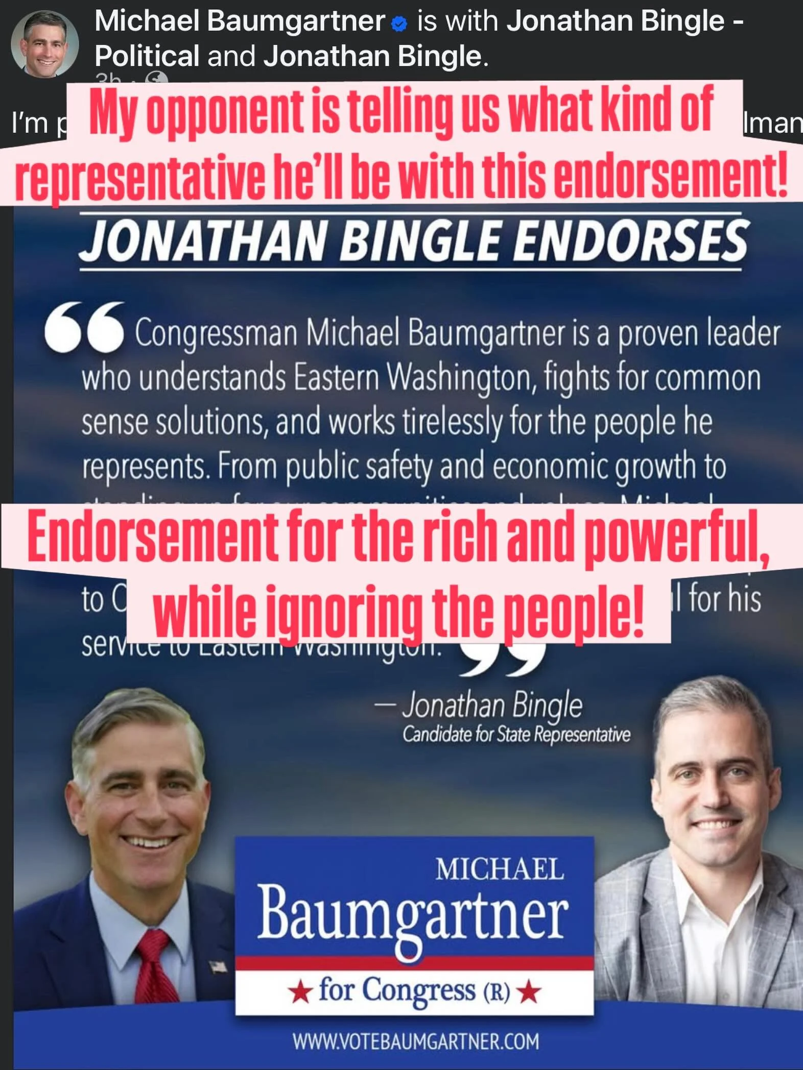 We now have a solid idea of what kind of representation Jonathan Bingle will bring to Eastern Washington. His endorsement of Rep. Baumgartner tells you everything you need to know.

The One Big Beautiful Bill Act (OBBBA) that Baumgartner voted for is