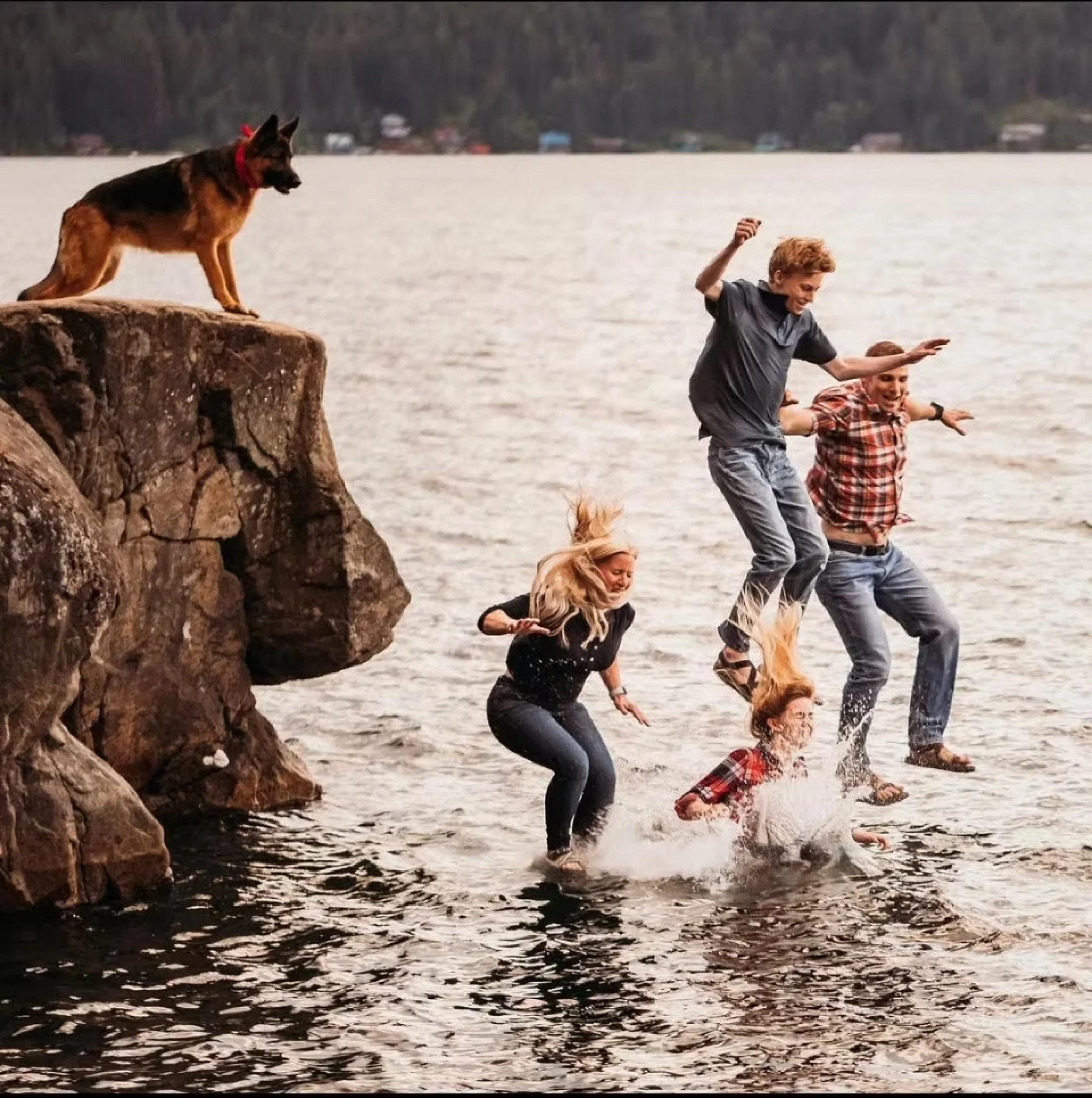 Five people and a dog at a lake, with some jumping into the water and one person already in the water. A dog is on a rock ledge above the water.