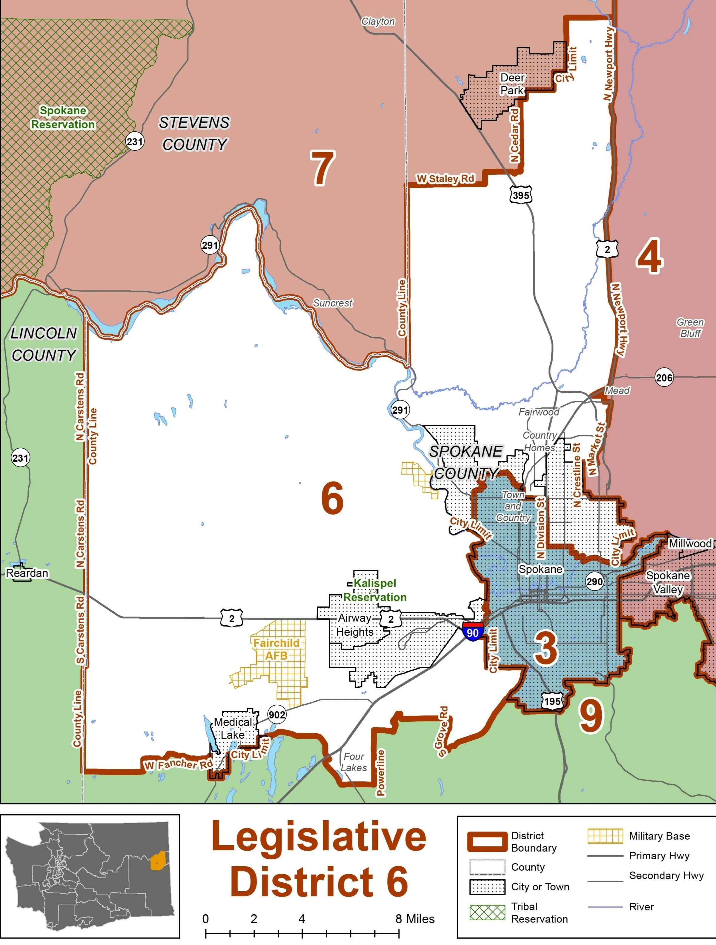 Map of legislative district 6 in Spokane County, Washington, showing district boundaries, major roads, lakes, tribal reservation, military base, and city limits.