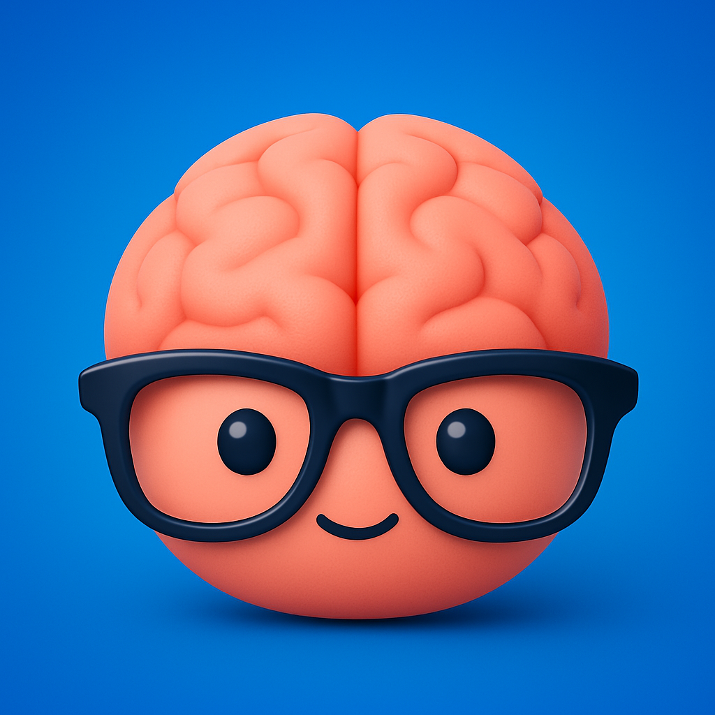Cartoon illustration of a human brain with black glasses and a smiling face, set against a blue background.
