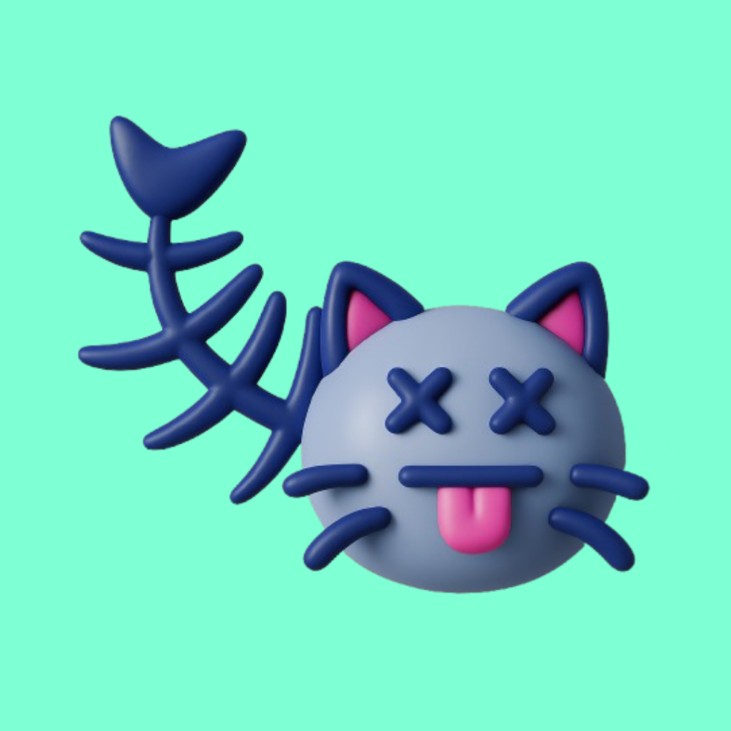 3D digital illustration of a gray cat face with X's for eyes, sticking out its pink tongue, against a light turquoise background, with a blue plant or fuse behind it.