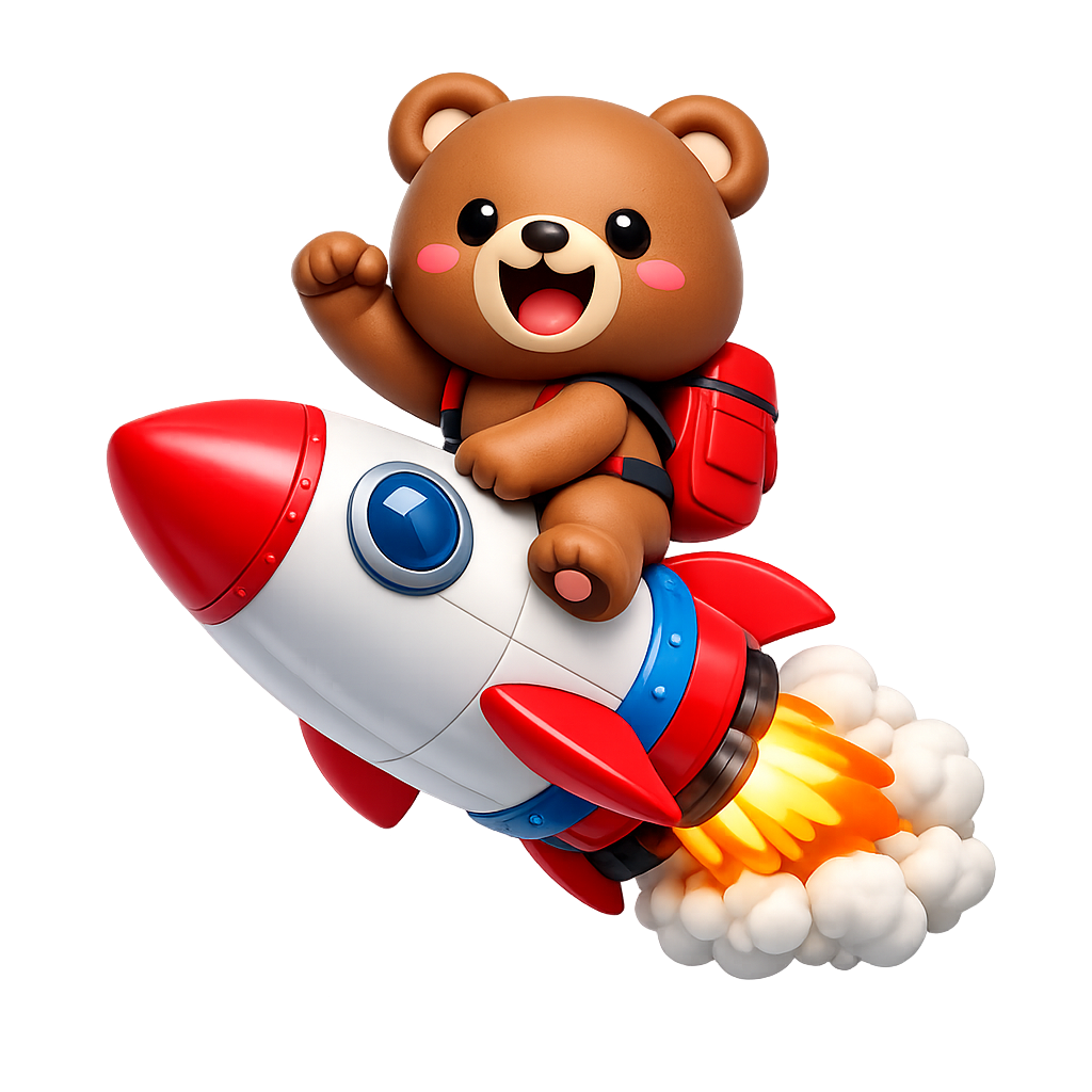 Cartoon bear riding a rocket with flames coming out of the back.