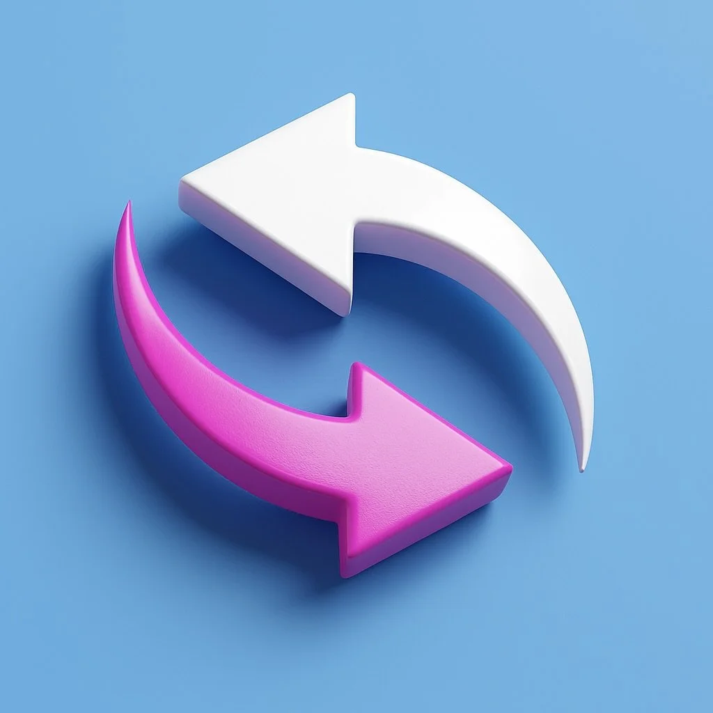 White and pink arrows forming a circular refresh or reload symbol on a blue background.