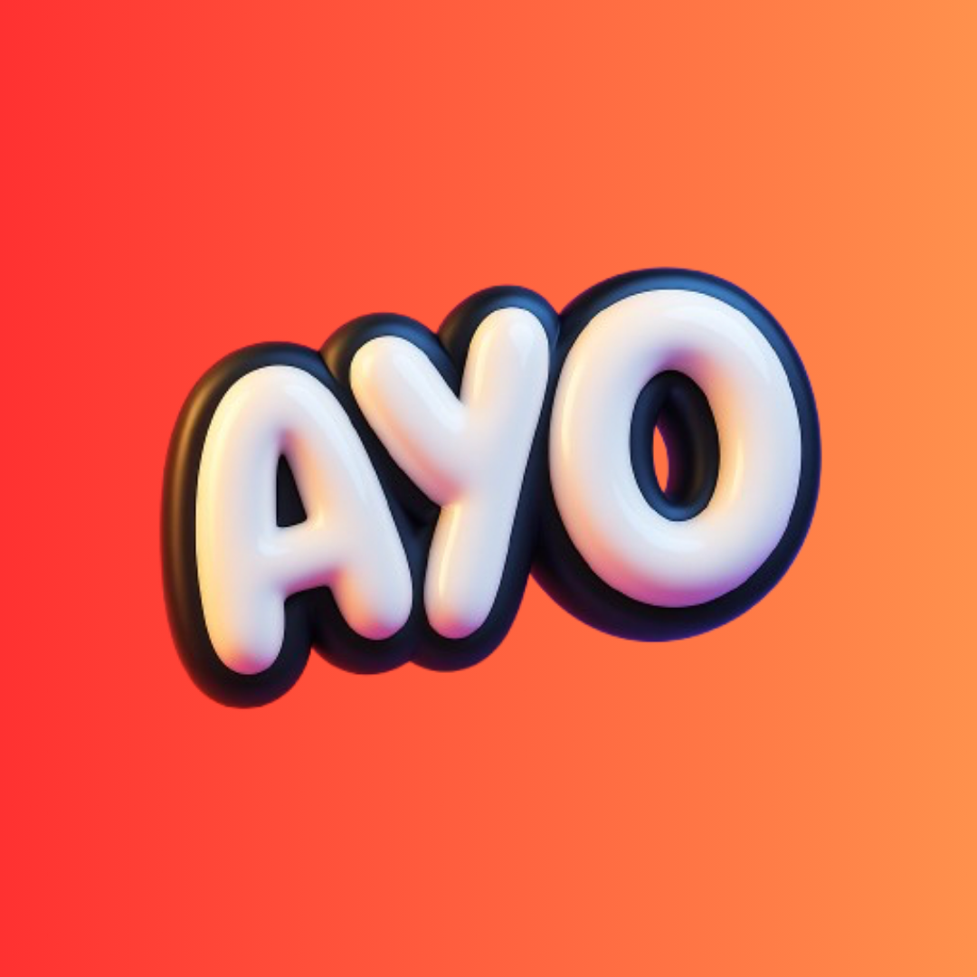 Colorful 3D text that says 'AYO' on a gradient orange background.
