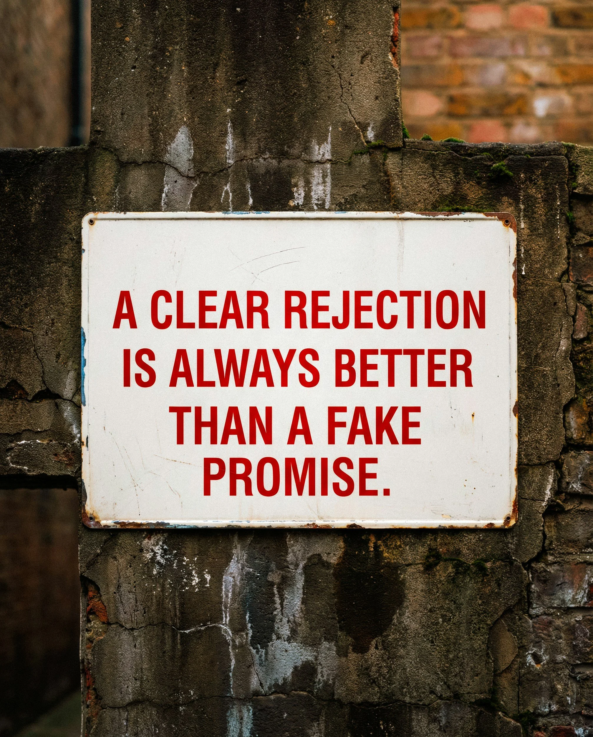 A weathered white sign with red text that says, "A CLEAR REJECTION IS ALWAYS BETTER THAN A FAKE PROMISE," mounted on a rough, mossy brick wall.