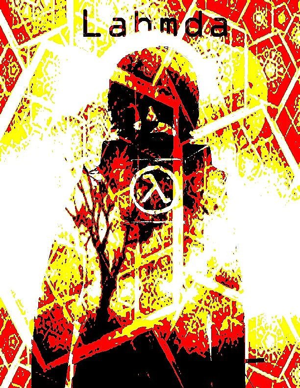 Stylized graphic with the word 'LaHeyda' at the top, a leaf symbol in the center, and an abstract background in yellow, red, and black colors.