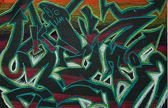 Colorful graffiti art with abstract shapes and lettering.