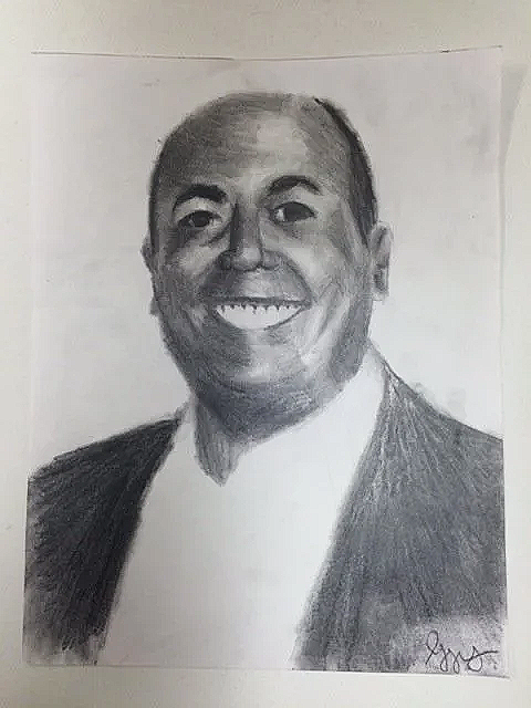 A pencil sketch of a man with short hair, smiling, wearing a suit and tie.