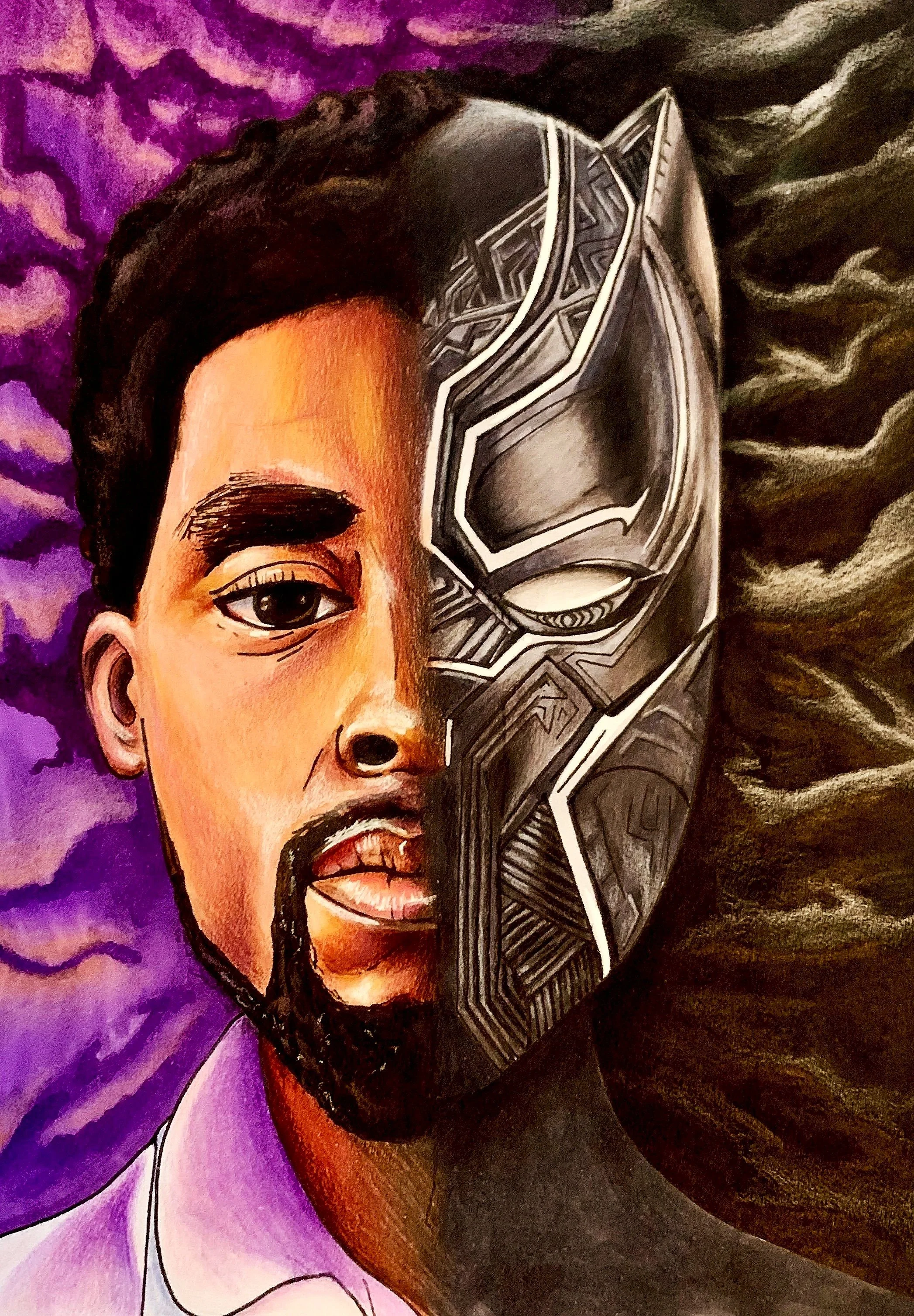 A split portrait of a person with dark hair and beard, painted on the left side, and a futuristic black and silver mask on the right side, with purple and dark backgrounds.