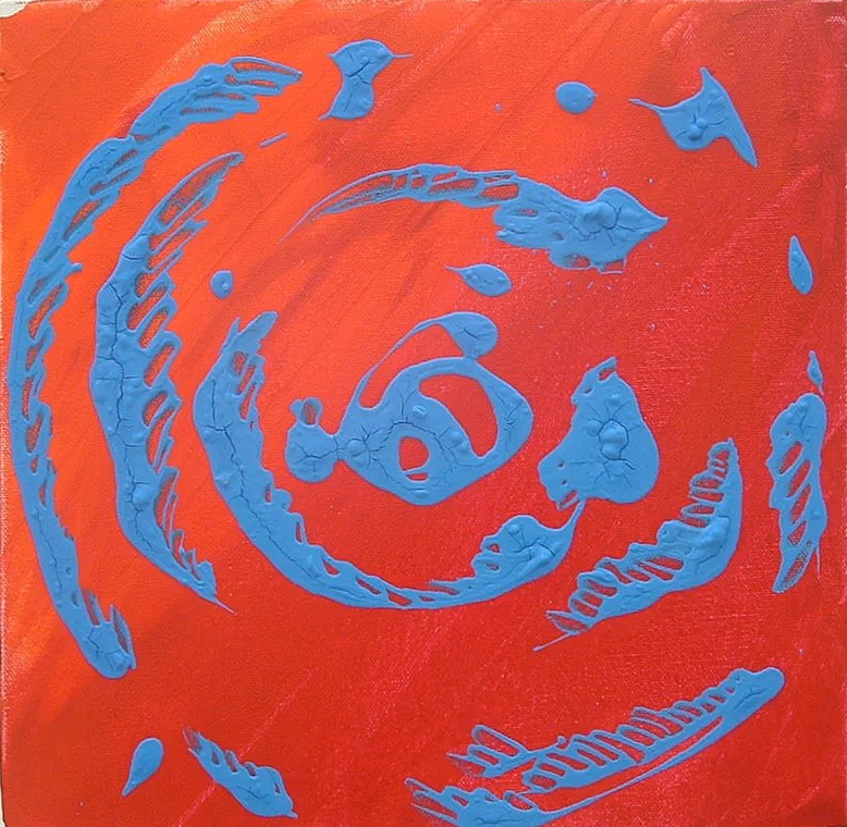 Abstract artwork with red background and blue textured splashes forming a spiral pattern.