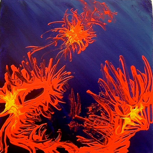 Bright orange and yellow fireworks exploding against a dark blue sky.