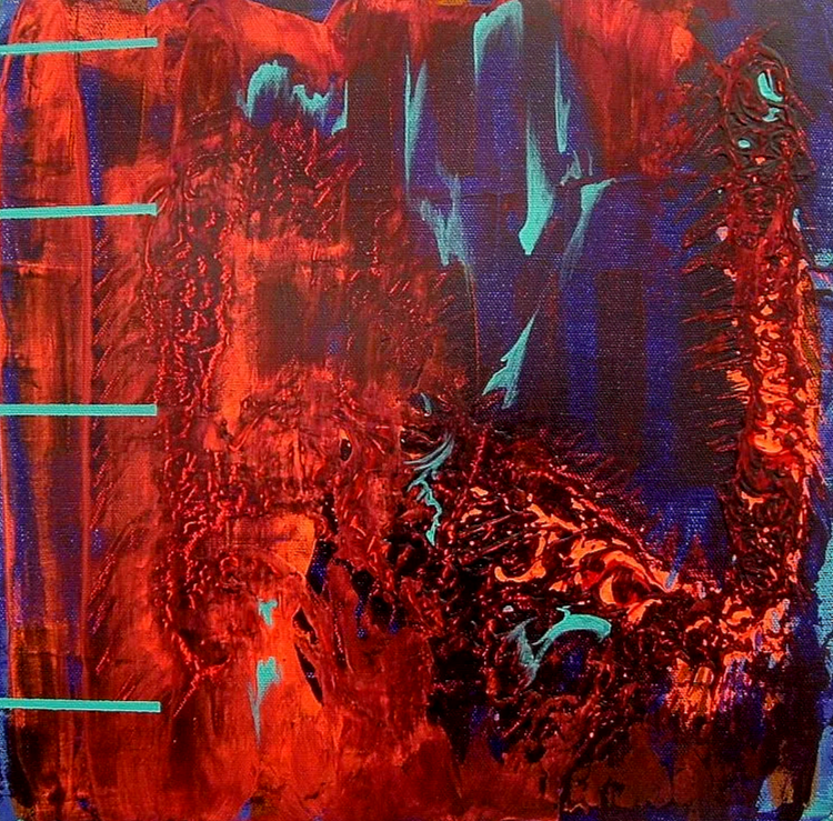 Abstract painting with predominantly red, blue, and teal colors, featuring textured brushstrokes and layered patterns.