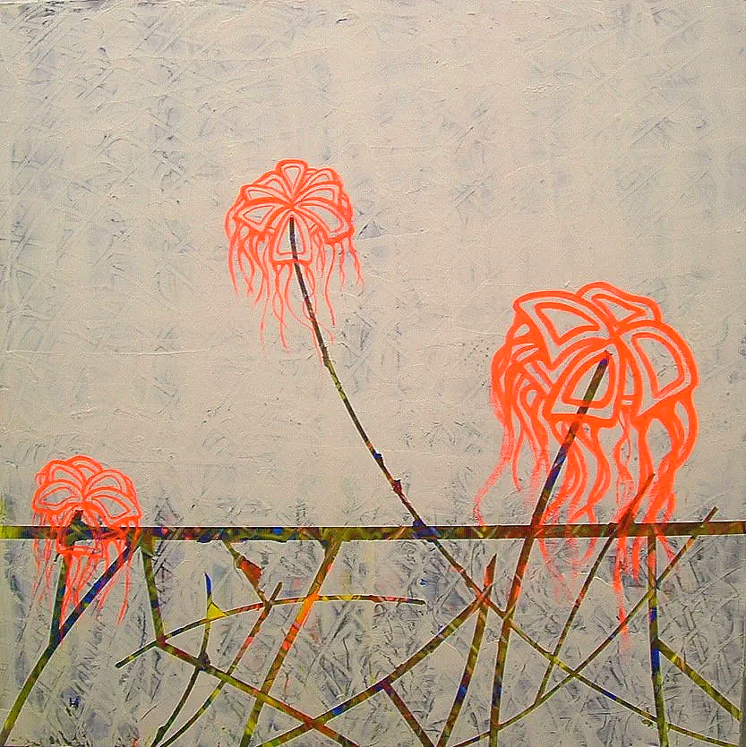 Abstract illustration of three orange flowers with long stems against a textured light gray background.