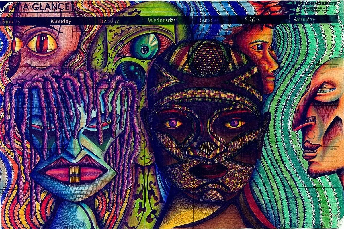 Colorful abstract mural featuring stylized faces and eyes, with a variety of intricate patterns and vibrant colors.