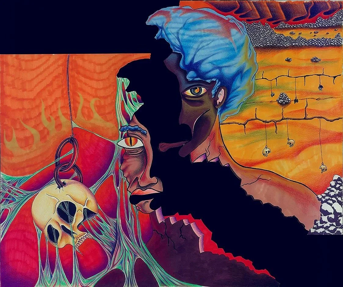 A surreal painting of a figure with a split face, one side dark with a golden eye and the other side light with a blue hair, background depicts a cracked landscape with skulls, flames, and abstract elements.