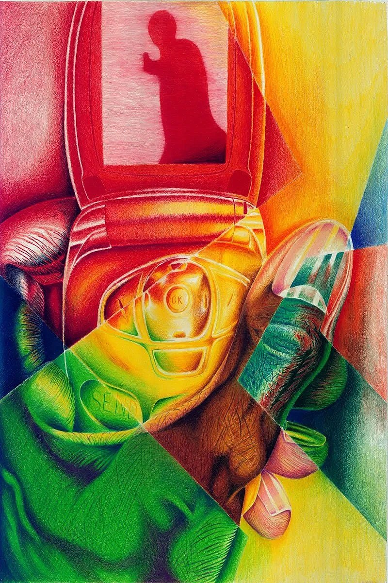 A colorful painting featuring a hand holding a computer mouse with vibrant shades of green, yellow, red, and orange. The reflection of a person taking a photo is visible on a nearby red screen or mirror.
