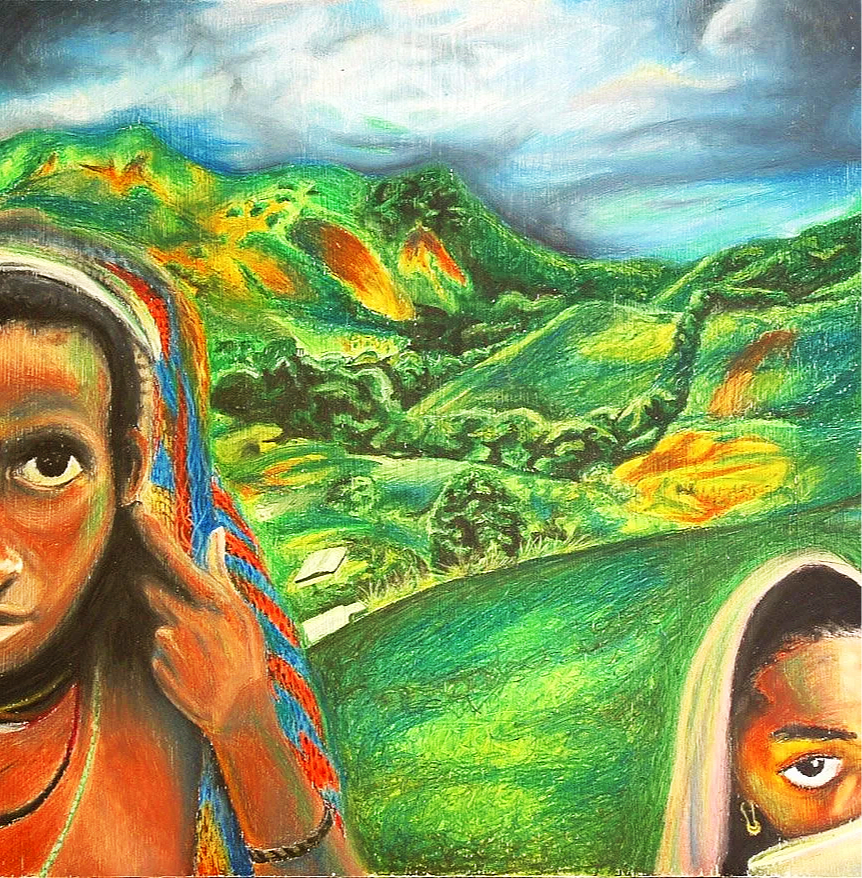 A colorful painting depicting two women with vibrant, multicolored hair against a lush, green hillside landscape with rolling hills and trees under a cloudy sky.