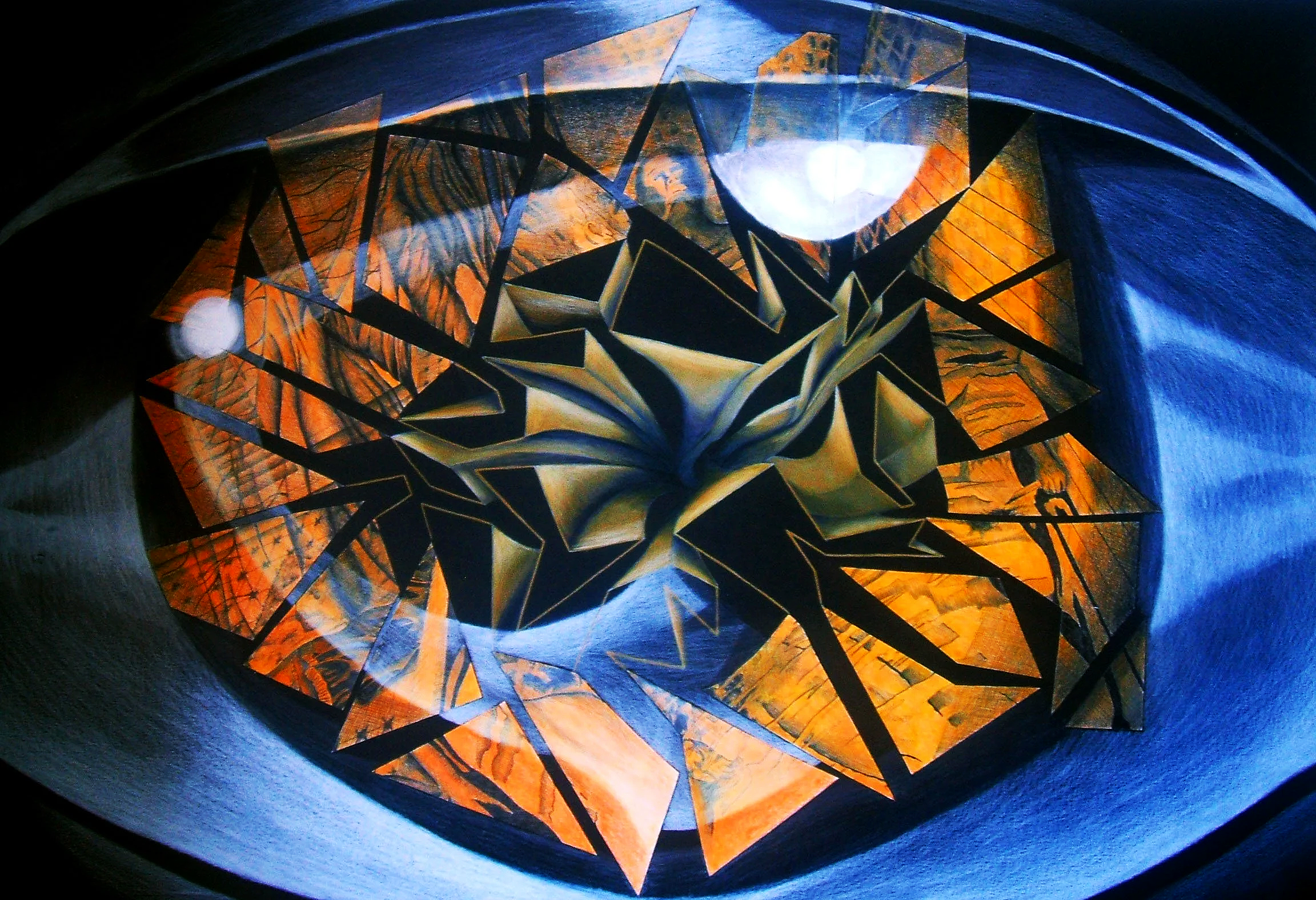 A stained glass lamp with geometric orange, black, and white patterns, illuminated from below, set against a dark background.