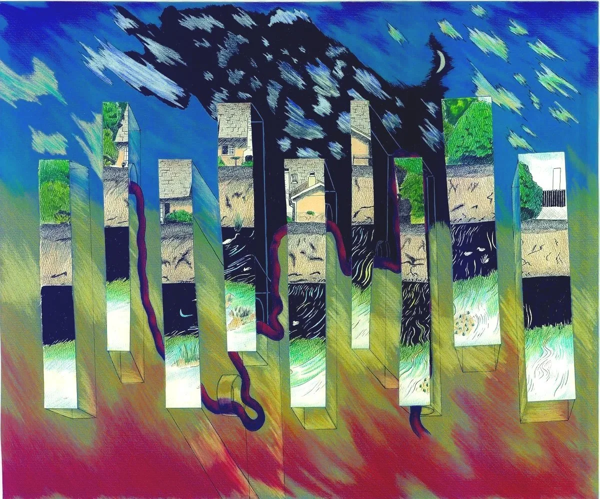 A surreal artwork depicting vertical blocks with images of houses, trees, and rivers, overlaid with a dark storm cloud emitting streaks of rain and a small crescent moon in the sky.