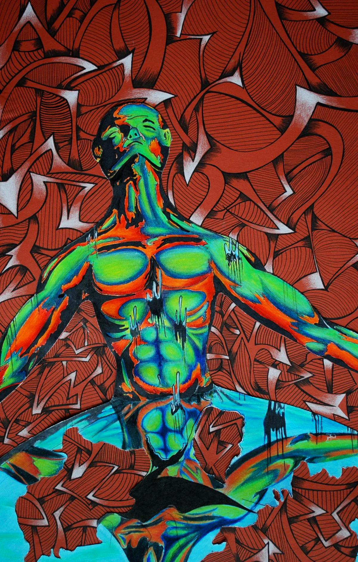 A colorful, abstract painting of a woman with her eyes closed, in a meditative pose, surrounded by a background of stylized red and black leaf patterns.