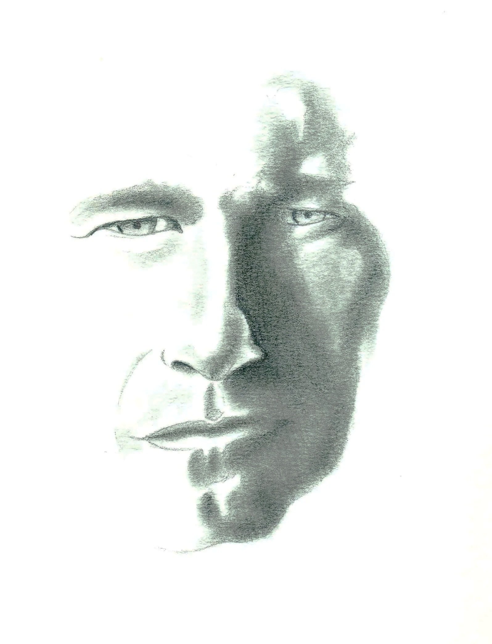 A black and white abstract drawing of a woman's face, with her eyes gazing forward and her hair partially covering her face.