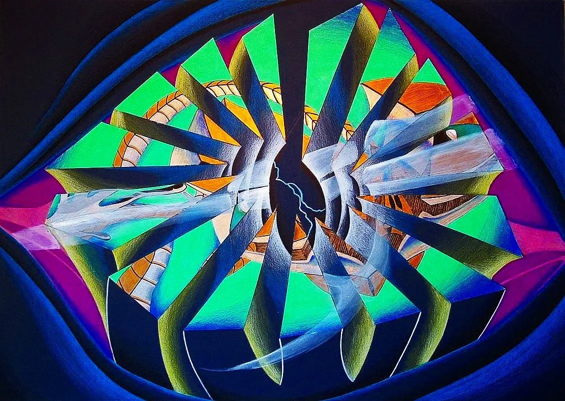Abstract artwork featuring a shattered clock with lightning inside, vibrant colors including green, blue, orange, and purple, and a dark background.