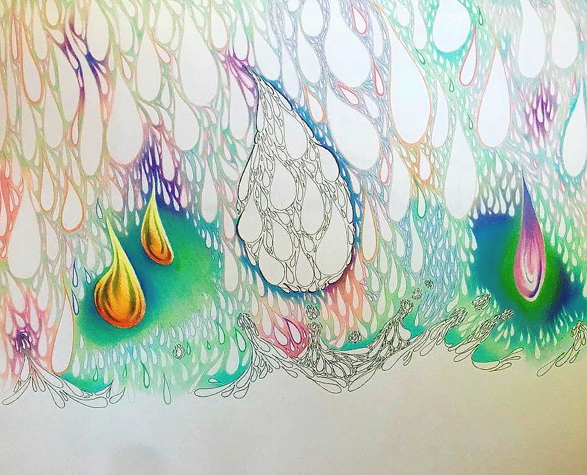 Colorful abstract artwork featuring teardrop-shaped elements, some with gradient hues, surrounded by intricate line patterns and vibrant splashes of color.