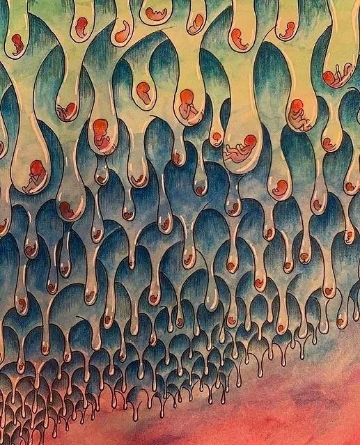 A surreal, artistic illustration of numerous stylized, elongated sperm cells with embryos inside, arranged in a pattern with a gradient background.