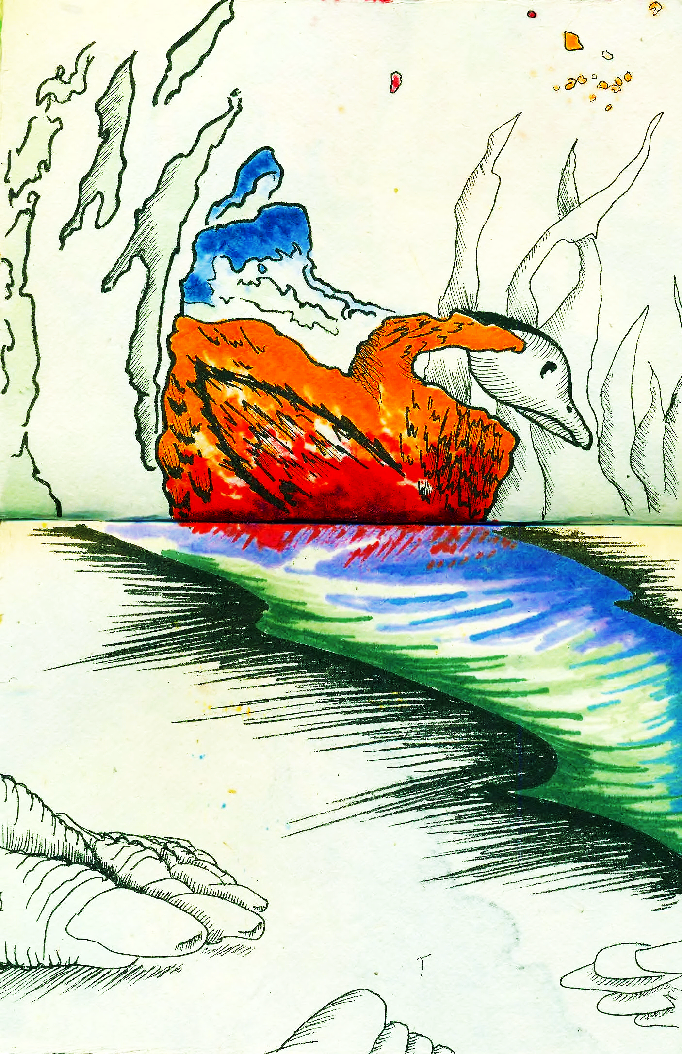 A colorful hand-drawn illustration of a pegasus with wings, standing in a surreal landscape with abstract plants and a rainbow-colored water body.