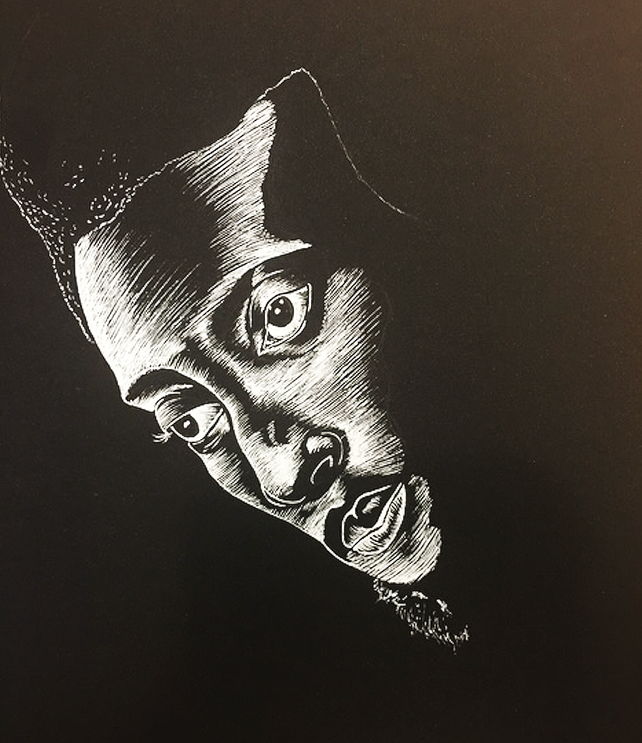 Black and white drawing of a woman's face with a contemplative expression, partially turned and with shading details.