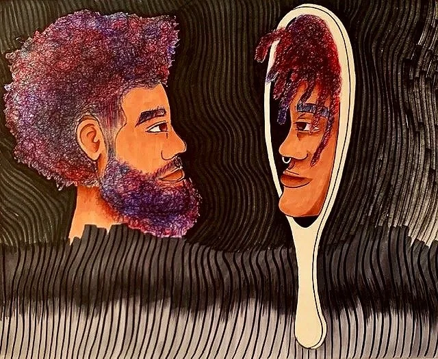 A colorful illustration of a man with curly, multicolored hair and a beard looking at his reflection in a mirror.