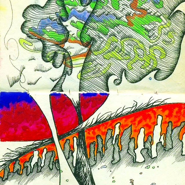 A colorful abstract drawing of a brain with vivid colors divided into two halves, with the left side primarily green and yellow, and the right side mainly orange and red. The drawing includes finger-like structures at the bottom resembling roots or c