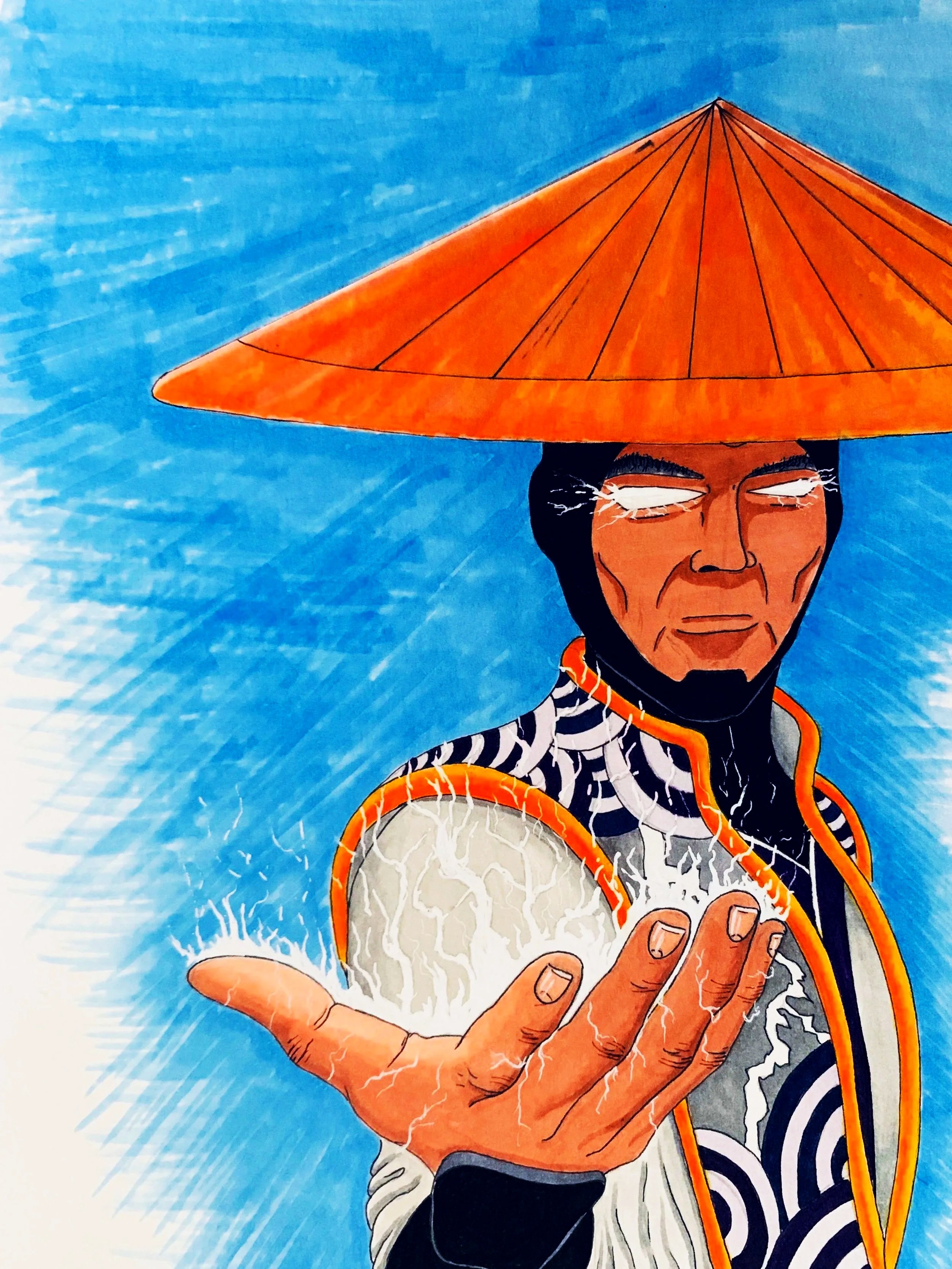 A person wearing a traditional Asian conical hat holding a sphere that resembles Earth, with lightning depiction inside the sphere, set against a blue background.