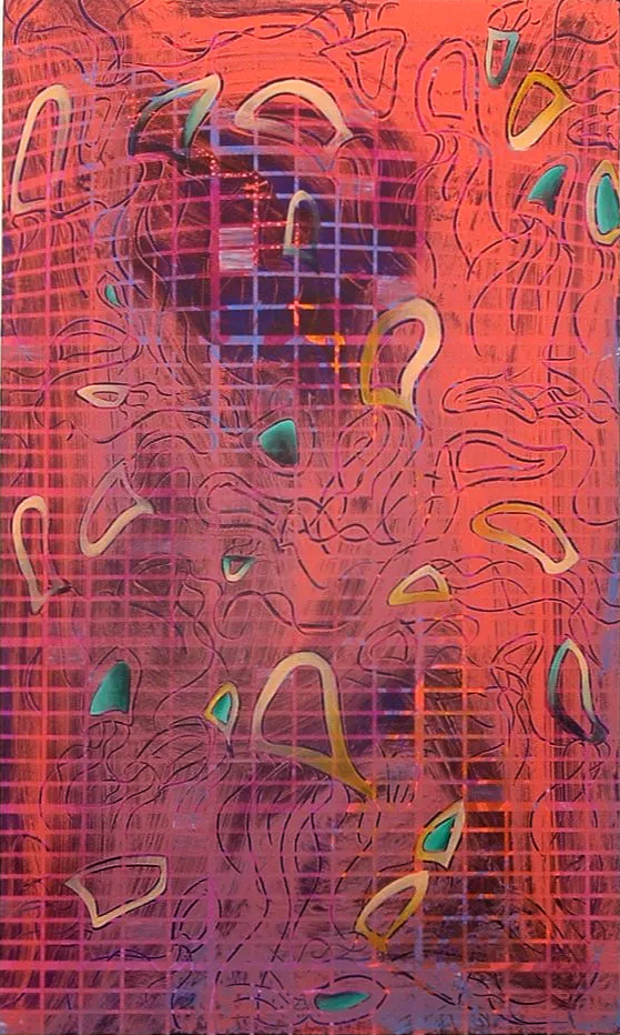 Abstract art featuring pink, purple, and orange colors with curved, yellow and turquoise shapes over a grid pattern and swirling lines.