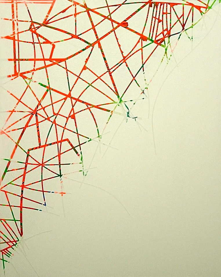 Colorful geometric abstract art with intersecting red and green lines on a light background.