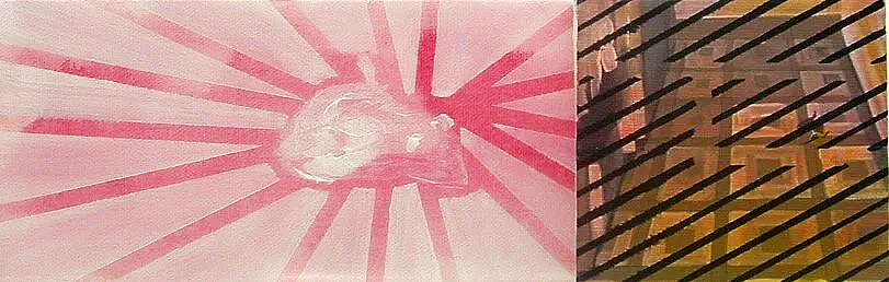 A pink and white illustration of a cat with rays emanating from it, next to a metal grate with some plants behind it.
