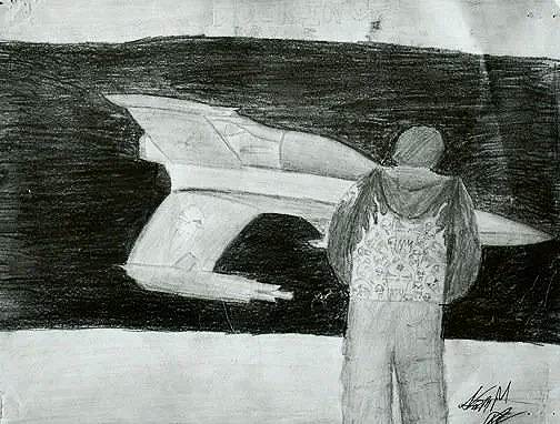 Drawing of a person with their back turned, standing in front of a large aircraft in a dark background.